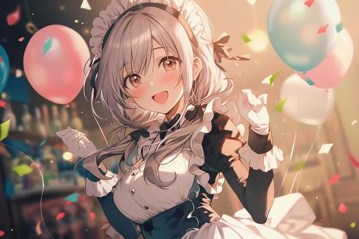 Illustration, a maid, maid clothes, balloon, 