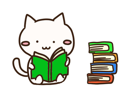 山積みの本と座って本を読むかわいい白ねこ ねこ,かわいい,手書き,図書館,読書,文献,読む,本,勉強,学ぶのイラスト素材