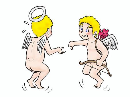 お前とは、ライバルだからなっ！ 人物,こども,天使,キューピッド,弓,羽,後ろ姿,全身,手書き,2人のイラスト素材