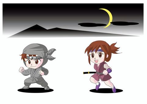 かわいい忍者とくノ一01 忍者,くノ一,漫画風イラスト,和風キャラクター,男の子,女の子,月夜,キャラクター素材のイラスト素材