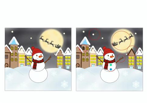 【間違い探し】スノーマン こたえ 間違い探し,認知,療育,保育,プリント,言語聴覚療法,クリスマス,雪,夜,スノーマンのイラスト素材