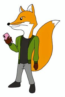 きつね男の子　イラスト 動物,きつね,男の子,黒色,シャツ,くつ,灰色,ズボン,緑色,ジャケットのイラスト素材