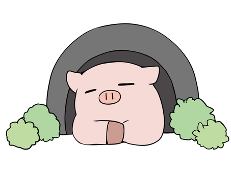 トンネルで寝る豚 豚,トンネル,茂み,主線あり,寝る,ダジャレ,イメージ,動物,ゆるかわ,かわいいのイラスト素材
