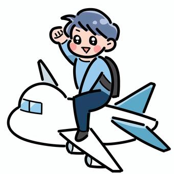 飛行機に乗って旅に出る男性 飛行機,男性,旅行,乗り物,かわいいのイラスト素材