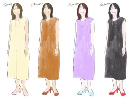 パーソナルカラー4タイプ パーソナルカラー,スプリングタイプ,サマータイプ,オータムタイプ,ウィンタータイプ,女性,全身,ワンピース,色の比較,カラーパレットのイラスト素材