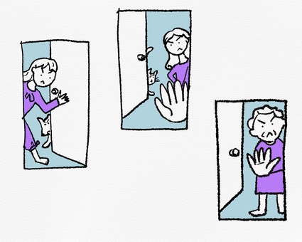 不審者をドアで閉め出す女性 拒否,不審者,押し売り,玄関,来客拒否,女性,防犯,日常,生活,断るのイラスト素材