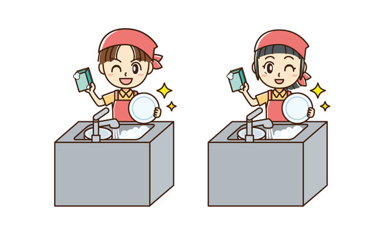 お皿洗いをする男女 エプロン,男女,男性,女性,皿洗い,調理,キッチン,調理実習,三角巾,笑顔のイラスト素材