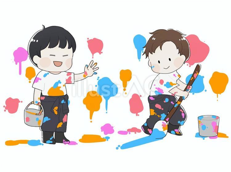 手描き風　ペイントで遊ぶ男の子 手描き風,男の子,絵の具のイラスト素材