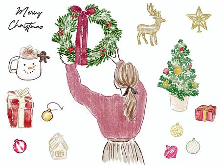 クリスマス　リース　女性　セット　ツリー クリスマス,女性,リース,ツリー,セット,オーナメント,ジンジャーブレッド,トナカイ,星,マシュマロのイラスト素材