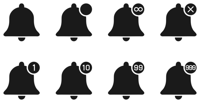 ベル、通知のアイコンセット 黒 ベル,通知,アラーム,アイコン,鈴,お知らせ,アラート,鐘,シンボル,挿絵のイラスト素材