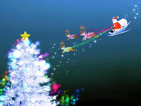 クリスマスツリーとサンタクロース クリスマス,クリスマスツリー,サンタクロース,冬,12月,クリスマス飾り,サンタ,トナカイ,夜,星空のイラスト素材