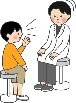 対面で話す男の子と頷く白衣の男性 男の子,全身,話す,説明,相談,悩み,身振り,カウンセリング,手振り,男性のイラスト素材