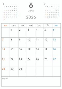 2026年6月カレンダー-縦 カレンダー,2026年,2026,1か月,3か月,令和8年,暦,日曜始まり,祝祭日,祝日のイラスト素材