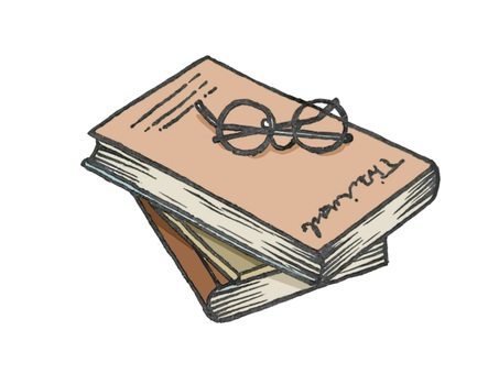 ノスタルジックで古めかしい本と丸眼鏡 眼鏡,本,古書,英語,レトロ,読書,図書館,三冊,図書室,図書委員のイラスト素材