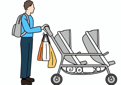 双子用ベビーカーと荷物と男性　カラー 双子,ベビーカー,男性,荷物,カラーのイラスト素材