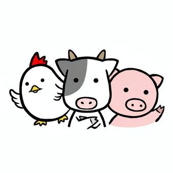 デフォルメされた鶏と牛と豚 鶏,ニワトリ,牛,豚,動物,かわいい,シンプル,デフォルメ,ゆるい,手描きのイラスト素材