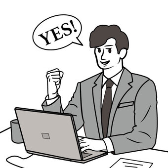 デスクでガッツポーズをするサラリーマン 成功,達成,目標,ゴール,喜び,嬉しい,ガッツポーズ,yes,サラリーマン,ビジネスマンのイラスト素材