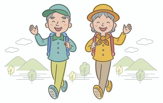 シニア夫婦のハイキング ハイキング,トレッキング,登山,シニア,高齢者,夫婦,男女,おじいちゃん,おばあちゃん,散歩のイラスト素材