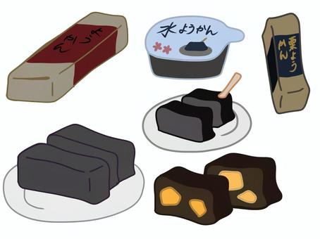 ようかんのイラスト ようかん,水ようかん,栗ようかん,食べ物,イラスト,手描き,セットのイラスト素材