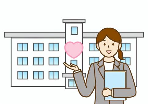 スクールカウンセラー・学校心理士の女性 スクールカウンセラー,学校心理士,ハート,心,相談,寄り添い,アドバイス,学校,校舎,女性のイラスト素材