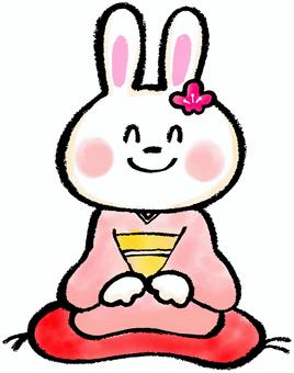 着物を着た兎2 笑顔,かわいい,可愛い,動物,手描き,手書き,年賀状,水彩,イラスト,フリーハンドのイラスト素材