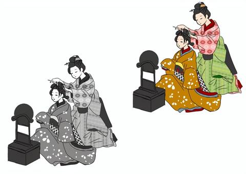 江戸時代髪結い、女性（模様） 女性,人物,江戸時代,髪結い,時代劇,二人,鏡台,町人のイラスト素材
