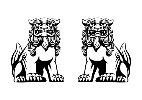 ツインシーサーリアル_2 シーサー,沖縄,リアル,モノクロ,かっこいい,琉球,獅子,神獣,アイコン,キャラクターのイラスト素材