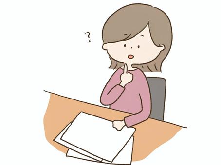 分からないところがある女の子 疑問,分からない,考える,謎,プリント,課題,宿題,勉強,学校,学生のイラスト素材