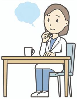  女性医師白衣-030-全身 考える,女医,医師,女性,白衣,スクラブ,医者,病院,医療,ドクターコートのイラスト素材