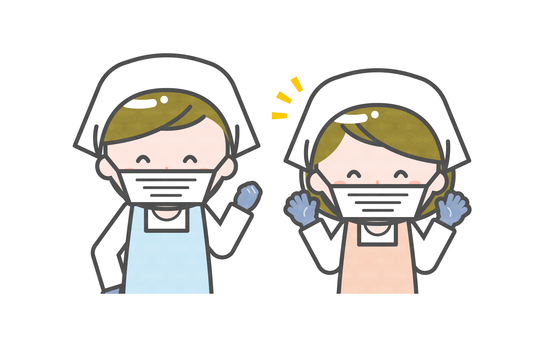 ミニ_2人_調理員の男女02 男性,女性,大人,職業,仕事,調理員,料理人,スタッフ,エプロン,手袋のイラスト素材