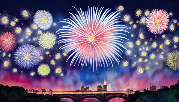 Summer festival night, glittering fireworks display, , JPG