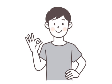 腰に手を当ててOKサインを出す男性 男性,人物,学生,若い,パパ,シンプル,夫,父親,かわいい,半袖のイラスト素材