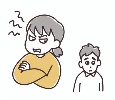 夫に腹を立てる奥さん 女性,イライラ,人物,主婦,奥さん,ギャグ,コミカル,ゆるい,手描き,漫画タッチのイラスト素材