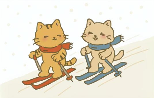 仲良くスキーを楽しむ二匹の猫 仲良くスキーを楽しむ二匹の猫 猫,動物,かわいい,マフラー,冬,雪,積雪,降雪,滑る,スキーのイラスト素材
