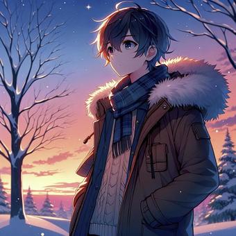 Illustration, boy, winter, dusk, 