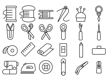 裁縫道具のイラストセット 裁縫,ソーイング,線画,アイコン,シンプル,白黒,糸,ボビン,針,針山のイラスト素材