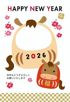 2026年午年の干支だるまフォト年賀状6 年賀状,2026年,午,干支だるま,フォトフレーム,写真,枠,午年,はがき,テンプレートのイラスト素材
