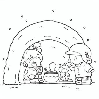 かまくらと子どもたちの白黒手描きイラスト かまくら,冬,モノクロ,白黒,雪遊び,子ども,手描き,挿絵,かわいい,雪のイラスト素材