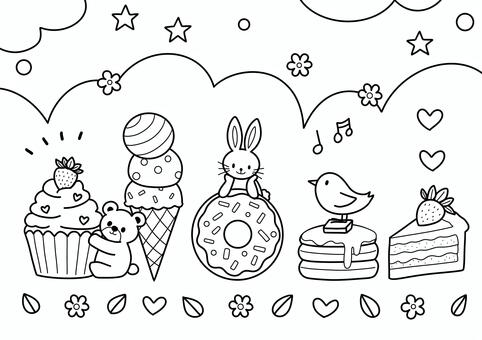 スイーツと動物の塗り絵 食べ物,動物,スイーツ,デザート,カップケーキ,アイスクリーム,ドーナッツ,パンケーキ,ショートケーキ,熊のイラスト素材