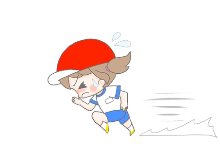 全力疾走　赤組１ 手描き,女の子,茶髪,ツインテール,走る,体操服,紅白帽子,赤組,体育,学校のイラスト素材