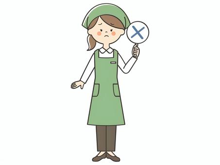 バツの札を持つ女性店員 バツの札を持つ女性店員 バツ,不正解,違う,誤り,だめ,間違い,クイズ,バラエティ,回答札,問題のイラスト素材