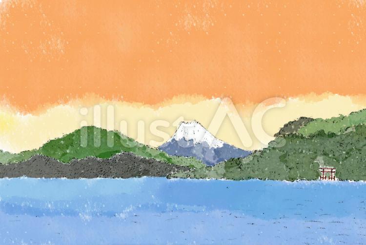 富士山と芦ノ湖朝焼け 芦ノ湖,箱根,神奈川のイラスト素材