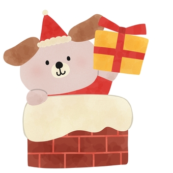 煙突からクリスマスプレゼント犬 クリスマス,プレゼント,煙突,犬,サンタ,帽子,絵本,動物,冬,可愛いのイラスト素材