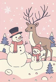 トナカイと雪だるま トナカイと雪だるま トナカイ,動物,角,雪だるま,雪玉,帽子,マフラー,雪,積雪,ツリーのイラスト素材