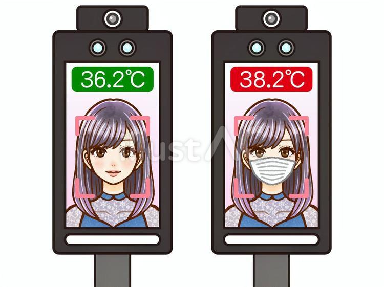 顔認証体温計で検温をする大人女性の素材 顔認証体温計,顔認証,体温計のイラスト素材