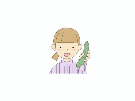 少女ときゅうり 少女,子供,野菜のイラスト素材