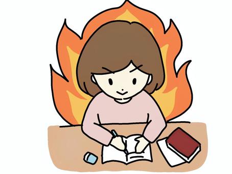 熱い心で勉強に励む人 勉強,資格,受験,女性,本,ノート,ペン,消しゴム,テキスト,炎のイラスト素材