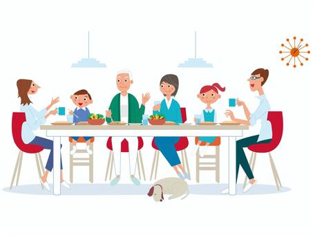 家族でランチ_2 部屋,ランチ,夫,妻,子ども,祖父,祖母,時計,テーブル,料理のイラスト素材