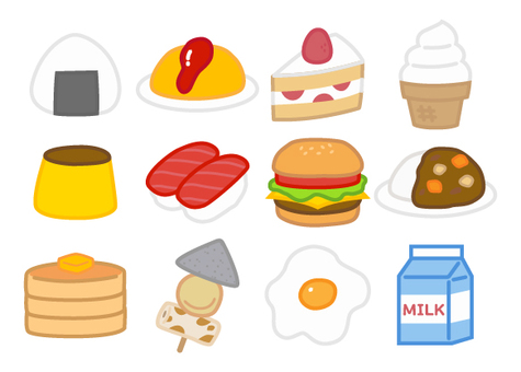 食べ物のかわいいアイコンセット 食べ物,フード,食料,食材,食事,ご飯,料理,お菓子,スイーツ,おやつのイラスト素材
