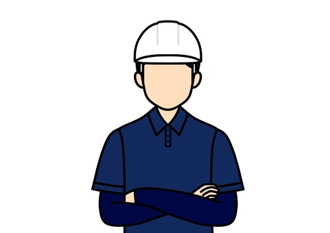 腕組みをしている屋根職人・塗装工の男性 腕組み,塗装工,屋根職人,職人,ヘルメット,ポロシャツ,男性,長袖,紺色,建築業のイラスト素材